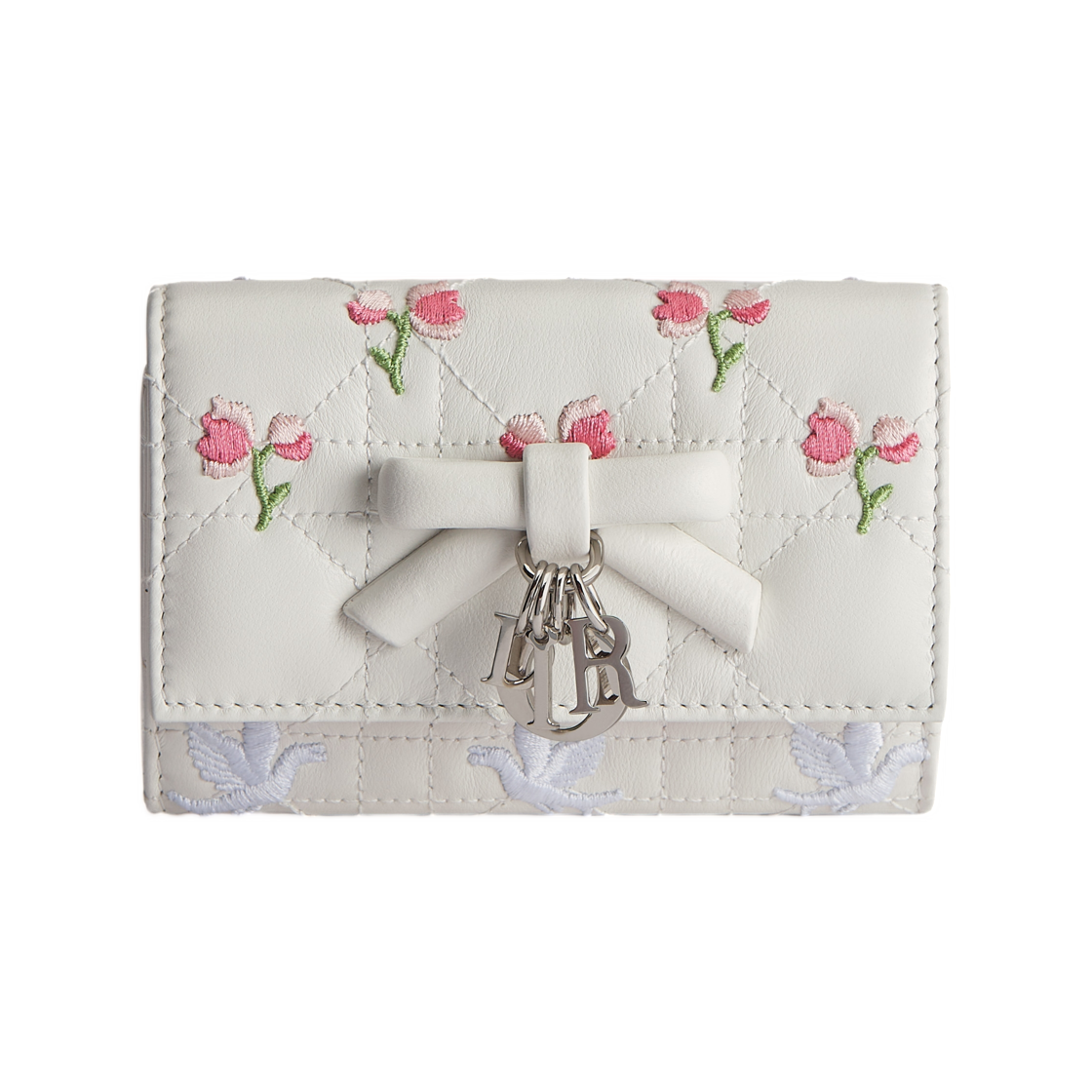 S2607PHJJ-M933 Dior Dioramour My Dior Glycine Wallet Cannage Lambskin with Multicolor Doves & Roses Motif Embroidery White