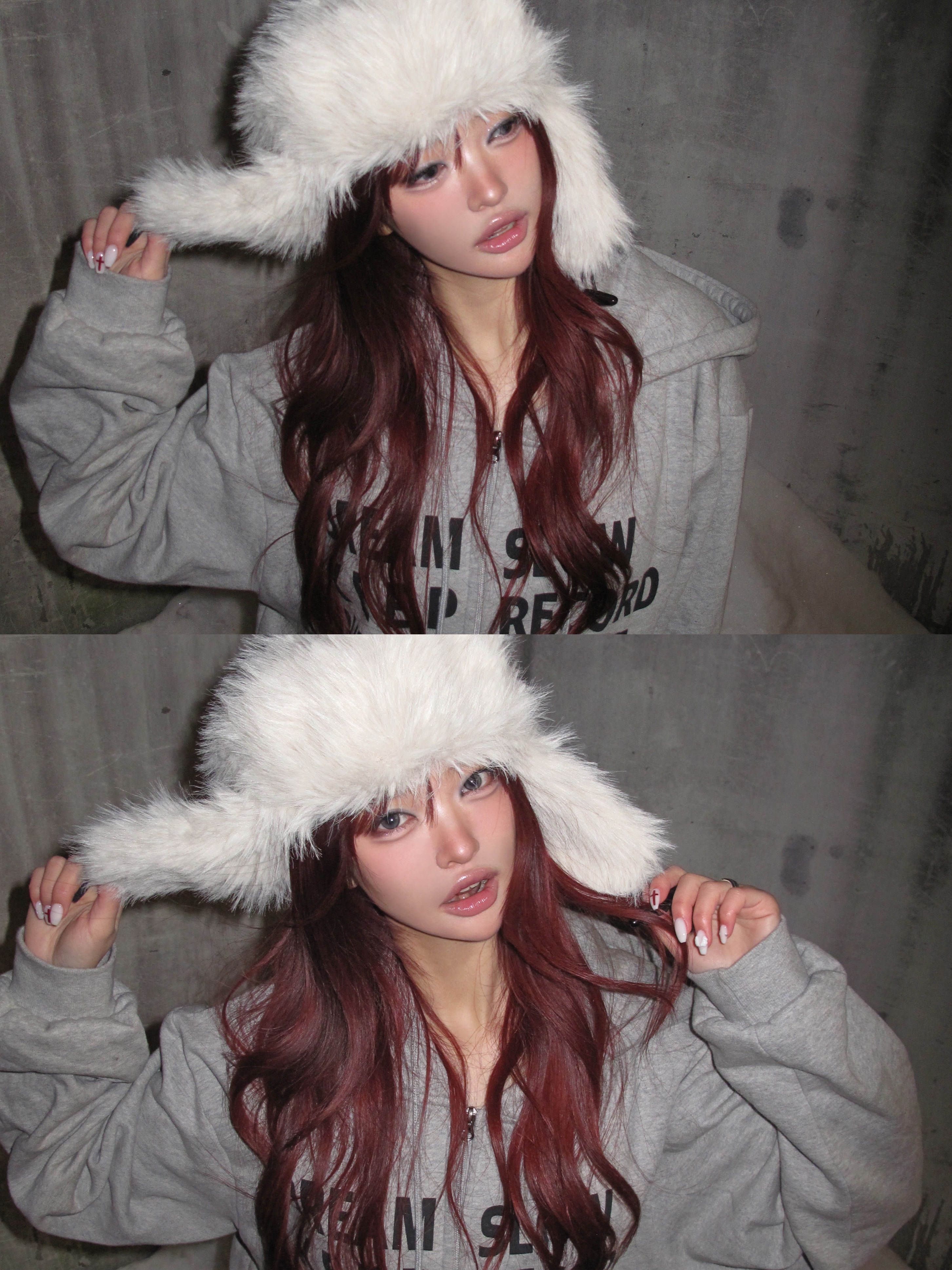 SLOW RECORD HOUSE Typo Star Hood Zip-Up Grey 착용 스타일 - 3
