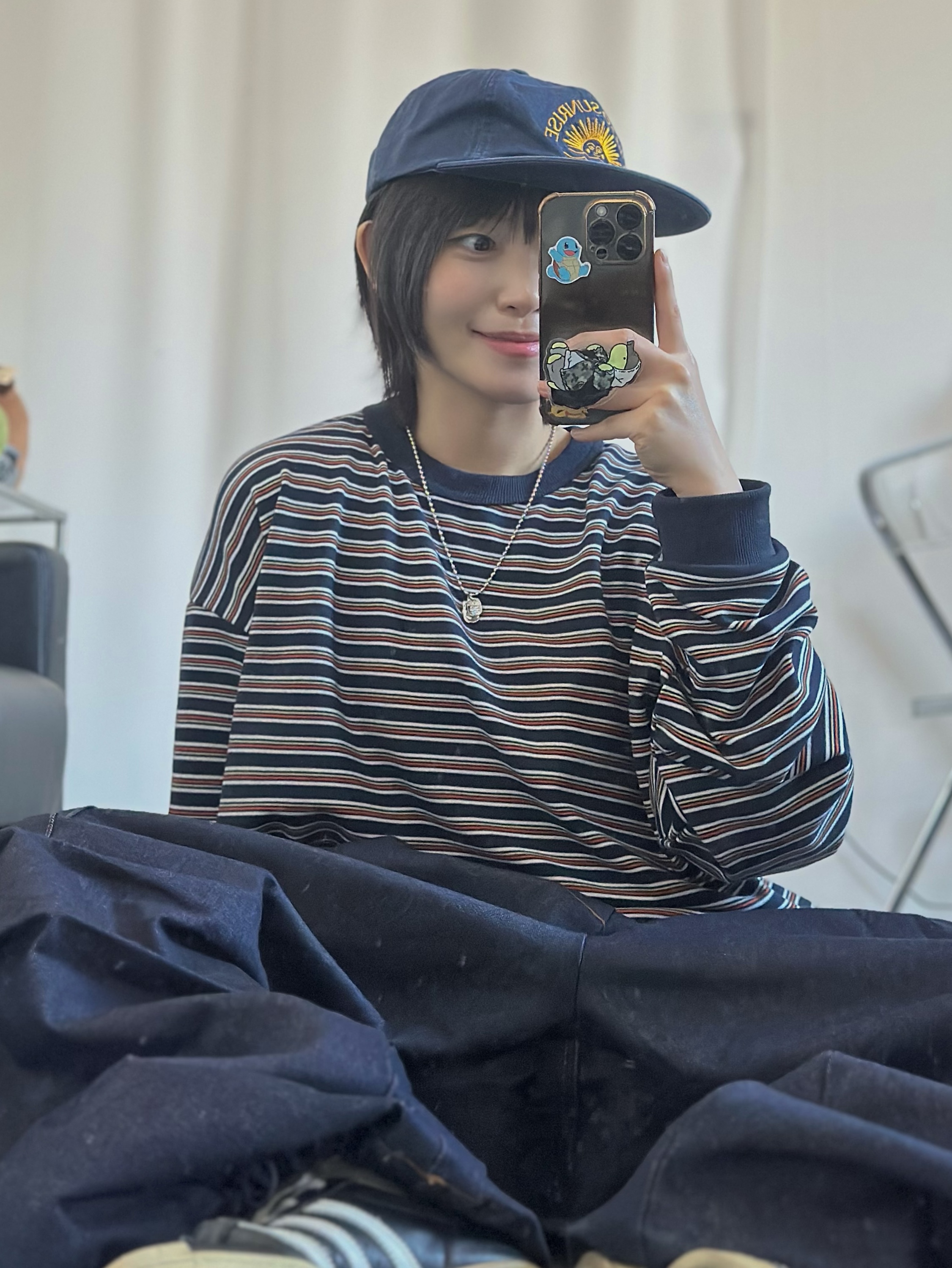 Hello Sunrise Washed HS Arch Logo 6Panel Cap Navy & Orange 착용 스타일 - 1
