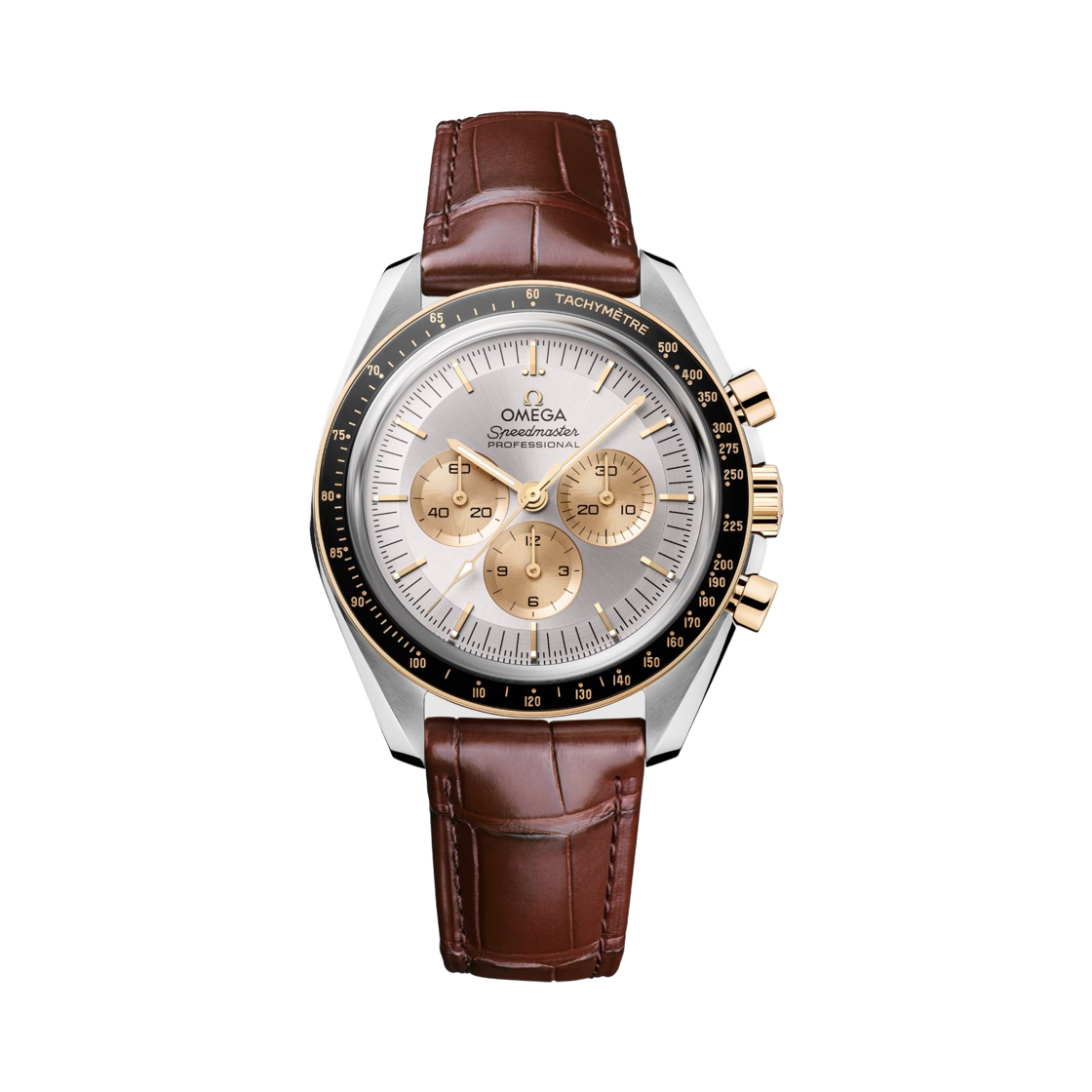 오메가 스피드마스터 문워치 프로페셔널 오토매틱 코 액시얼 마스터 크로노미터 크로노그래프 42mm 스틸 문샤인 골드 앨리게이터 실버 (투명 케이스백 버전)(Omega Speedmaster Moonwatch Professional Automatic Co Axial Master Chronometer Chronograph 42mm Steel Moonshine Gold Alligator Silver (Transparent Caseback Ver.))