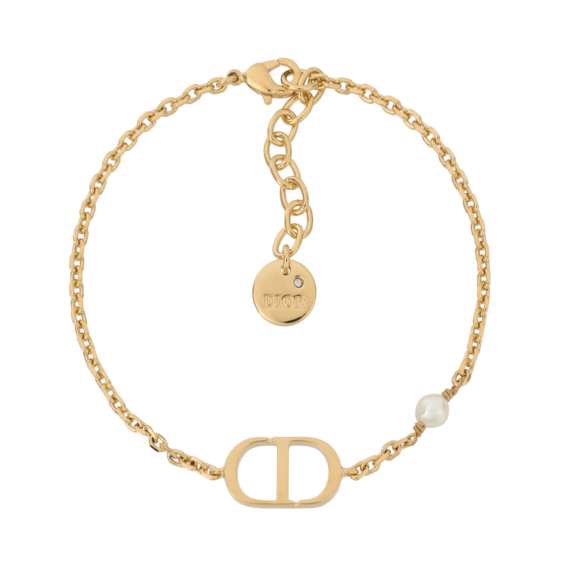 (W) 디올 쁘띠 CD 브레이슬릿 골드 피니쉬 메탈 & 화이트 레진 진주((W) Dior Petit CD Bracelet Gold Finish Metal & White Resin Pearl)