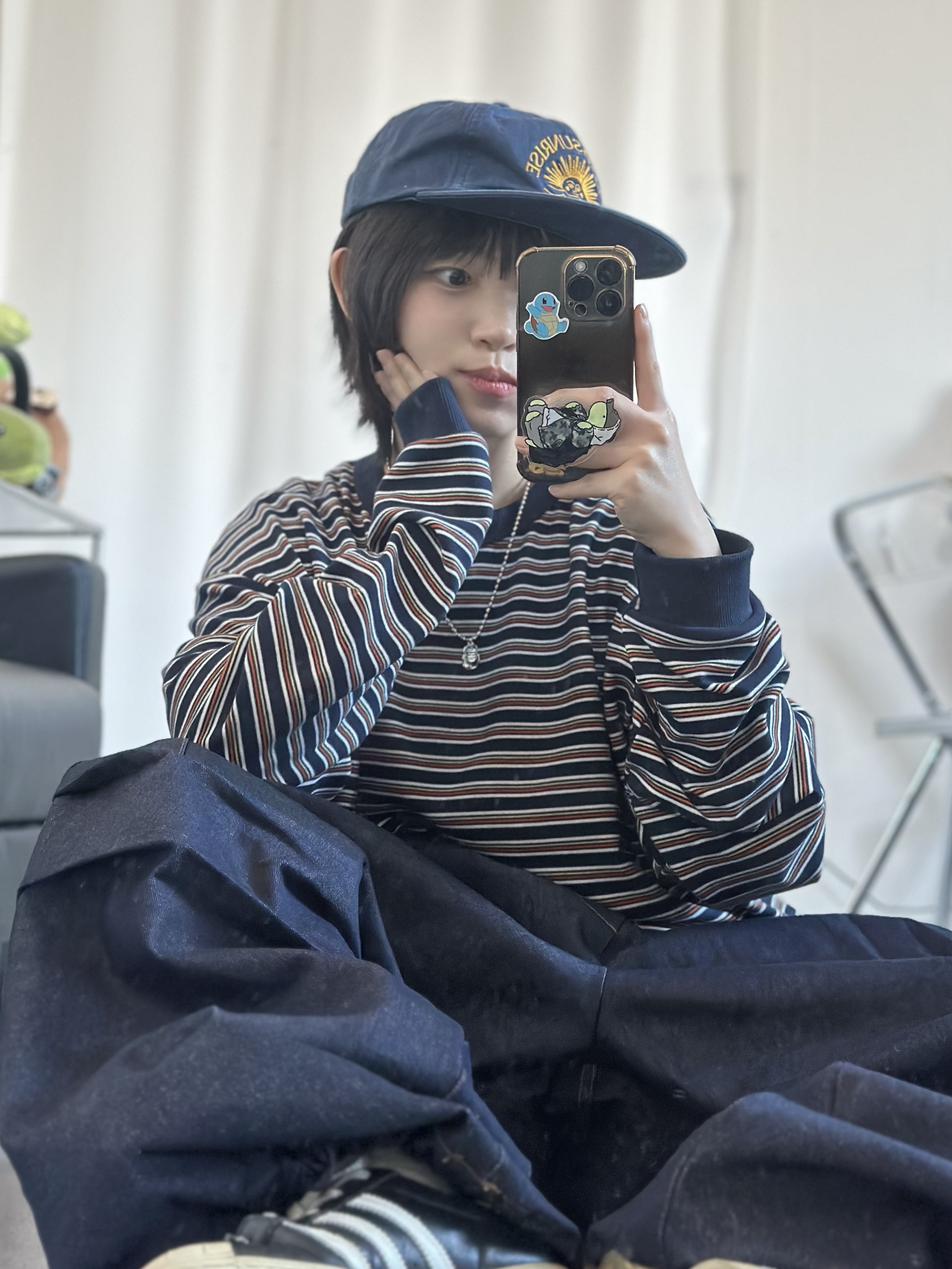 Hello Sunrise Washed HS Arch Logo 6Panel Cap Navy & Orange 착용 스타일 - 2