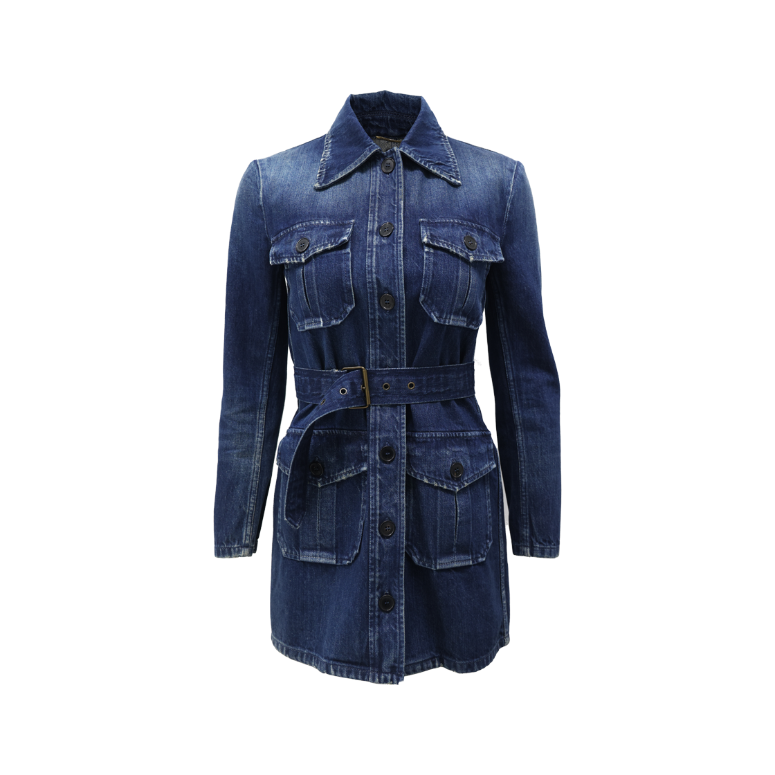 ITE4OQEUVUA9 Saint Laurent Belted Denim Dress in Cotton Blue