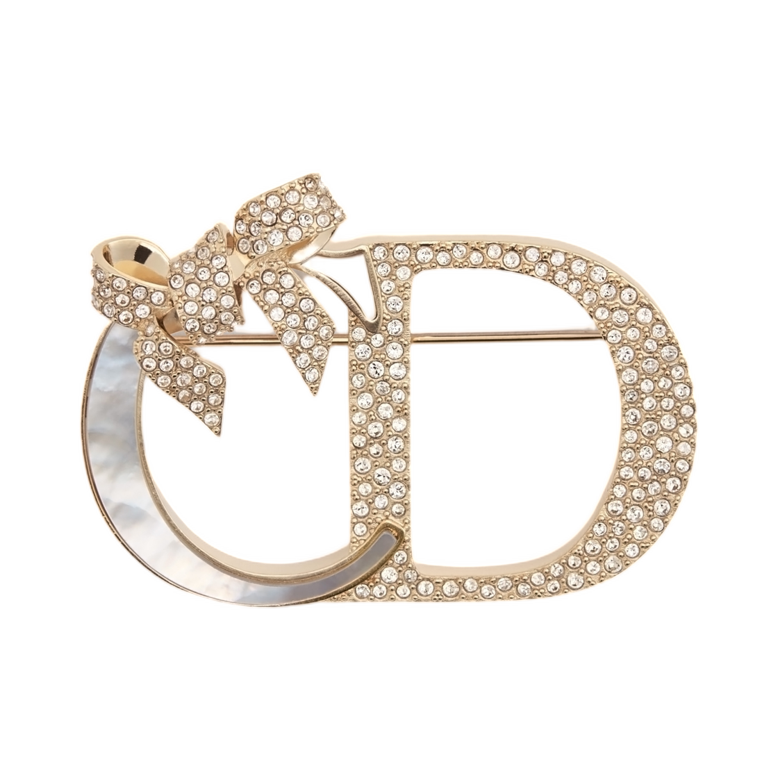 V1860WOMMP-D301 (W) Dior Or Dior Shiny Bow Brooch Metal with Natural Mother Of Pearl White Crystals Gold