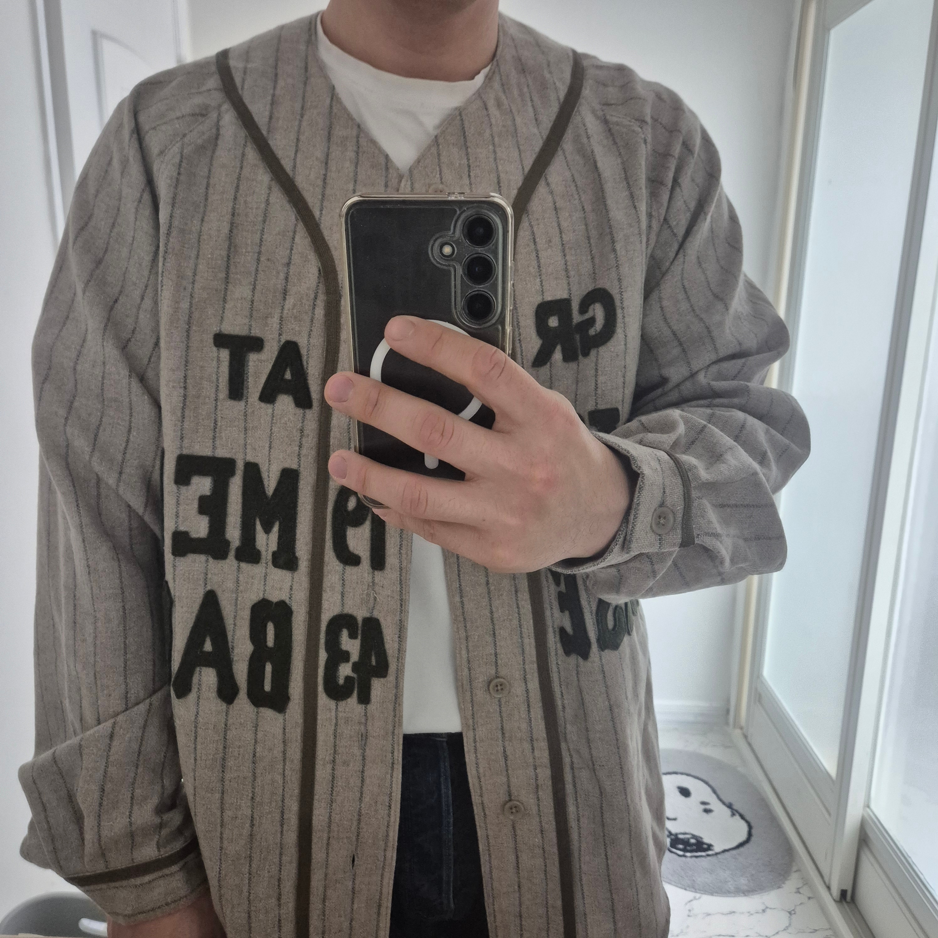 Kapital Great Women Baseball Long Sleeve Shirt In Thick Wool Stripes Beige 착용 스타일