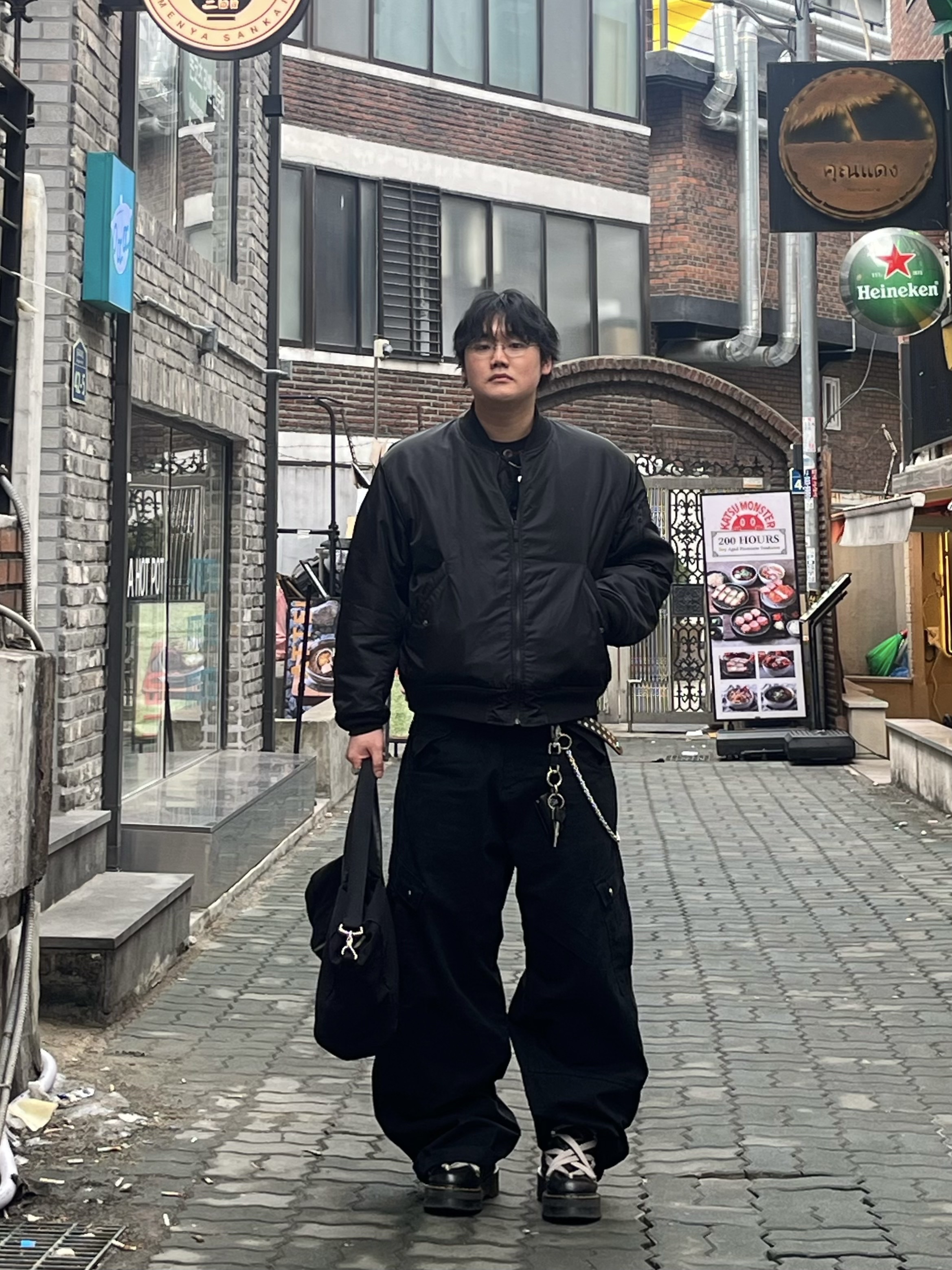 Dr. Martens x Rick Owens 1460 RO Leather Lace Up Platform Boots Black Lunar, GU x Undercover Reversible Jacket Black 착용 스타일 - 2