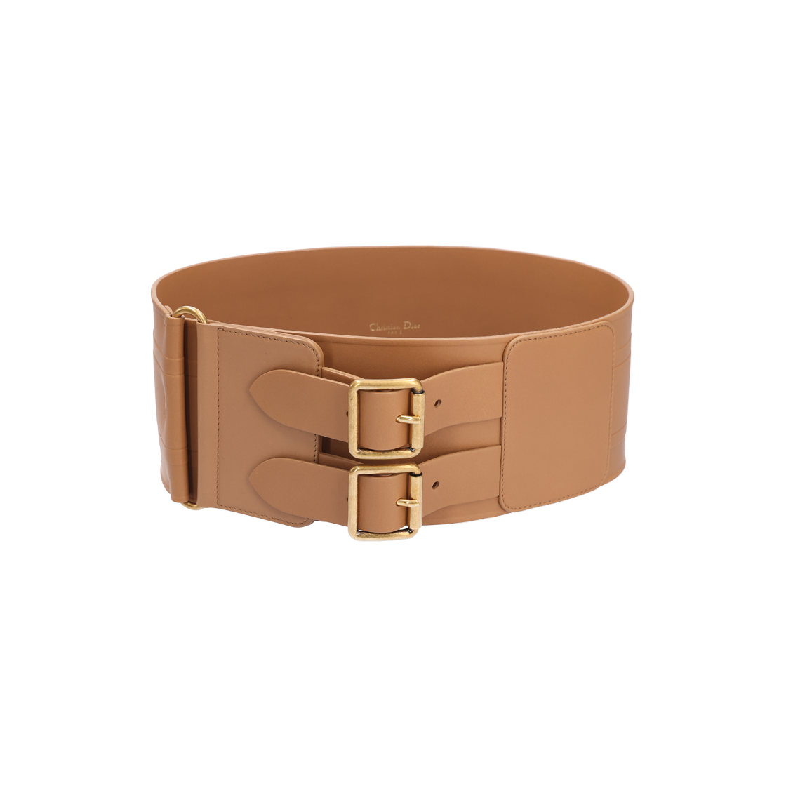 디올 B0098CMIV 엠보스 로고 더블 버클 와이드 벨트 레더 브라운(Dior Embossed Logo Double Buckle Wide Leather Belt - Brown) - 1