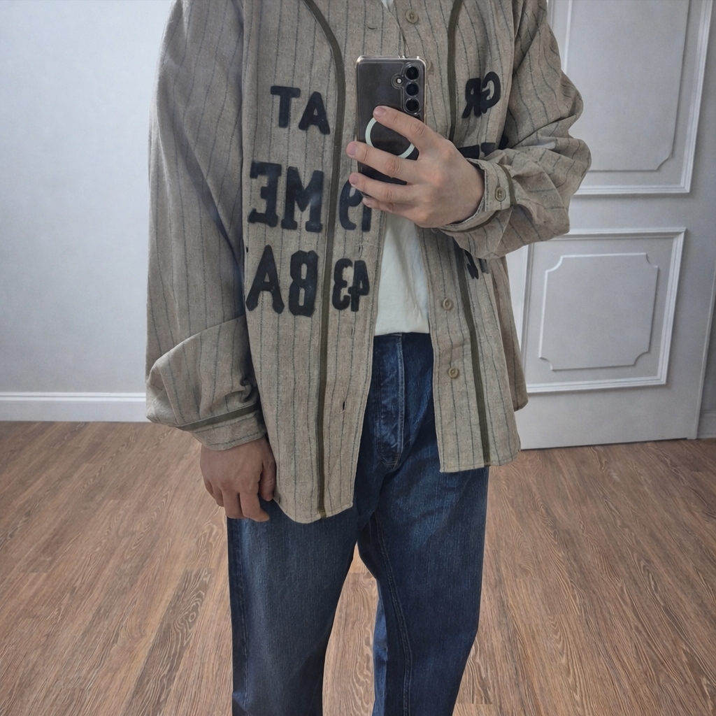 Kapital Great Women Baseball Long Sleeve Shirt In Thick Wool Stripes Beige 착용 스타일