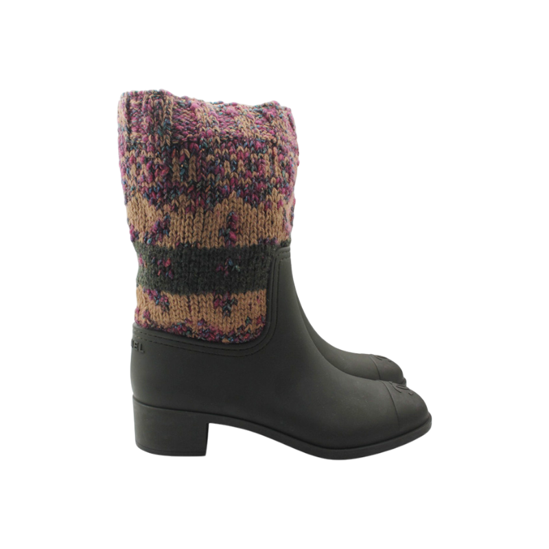 ITUFHBDPL28L Chanel Knit Trim Olive Green Rain Boots Size 37