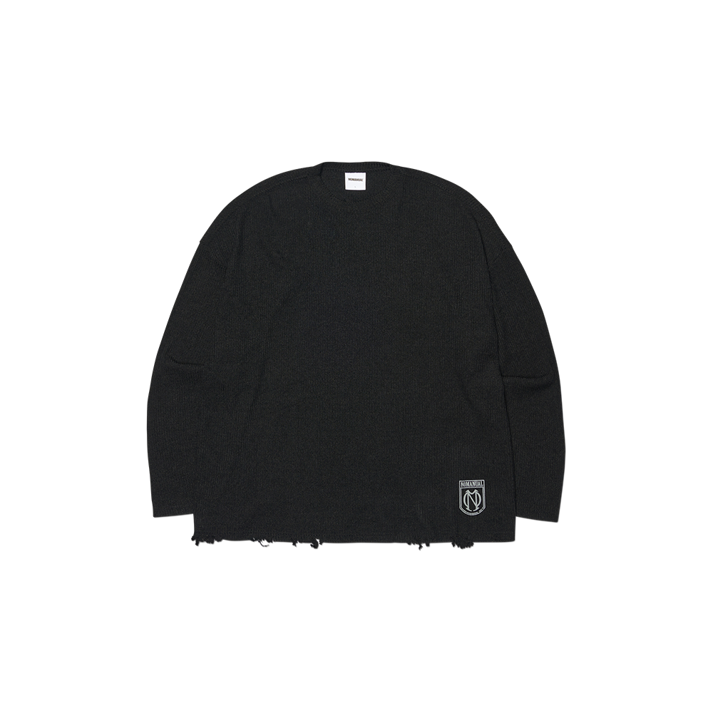NMSS62KT01BLK NOMANUAL Emblem Damaged Knit Long Sleeve Tee Black