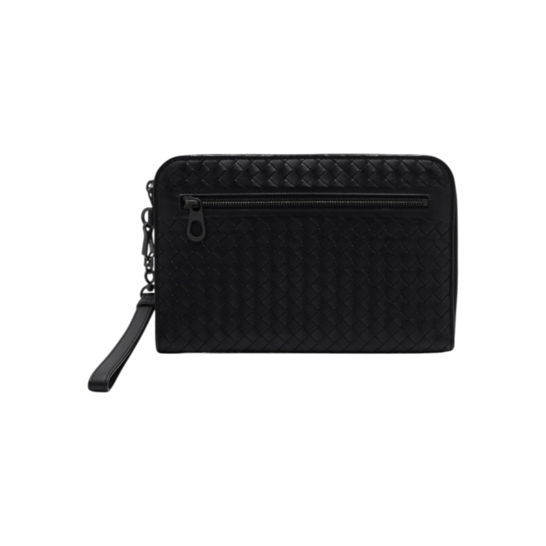 ITDNPBAW8JWE Bottega Veneta Black Leather Intrecciato Strap Zip Men's Clutch Bag 493190