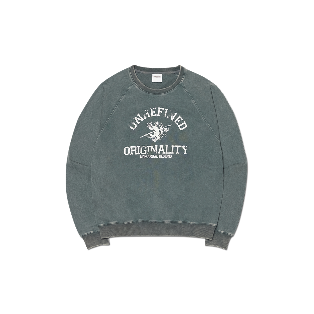 노매뉴얼 언리파인 엠블럼 레글런 스웻셔츠 워시드 그레이(NOMANUAL Unrefined Emblem Raglan Sweatshirt Washed Gray)