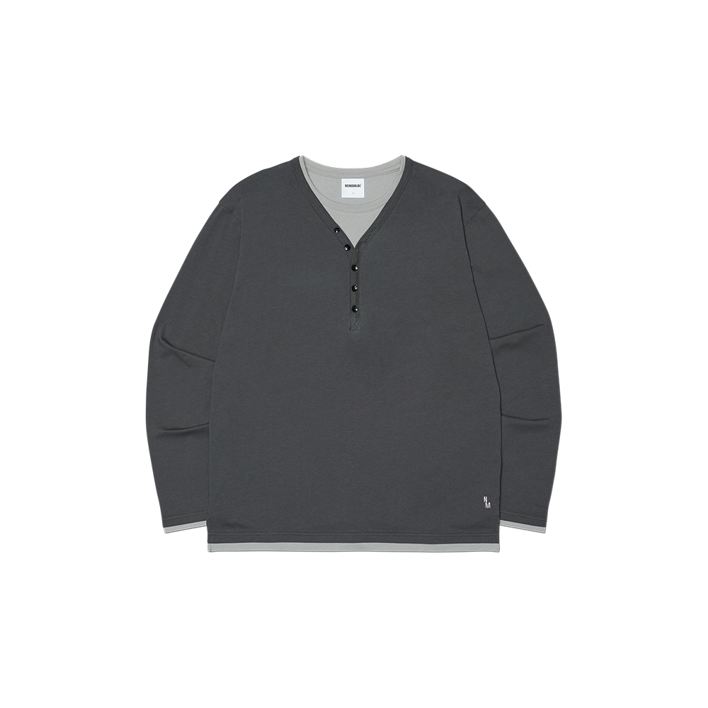 NMSS62LS10CHA NOMANUAL Layered Henley Neck Long Sleeve Tee Charcoal