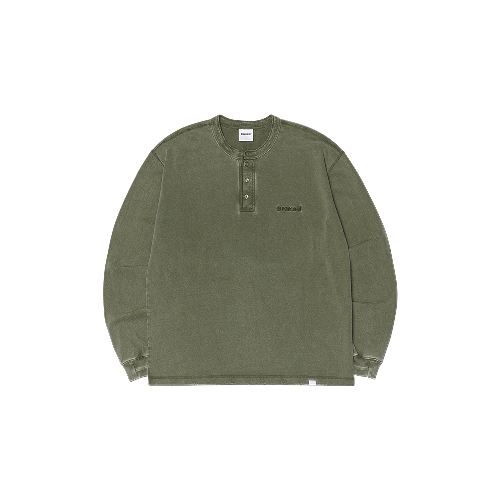NMSS62LS08WHK NOMANUAL Damaged Henley Neck Shirt Washed Khaki