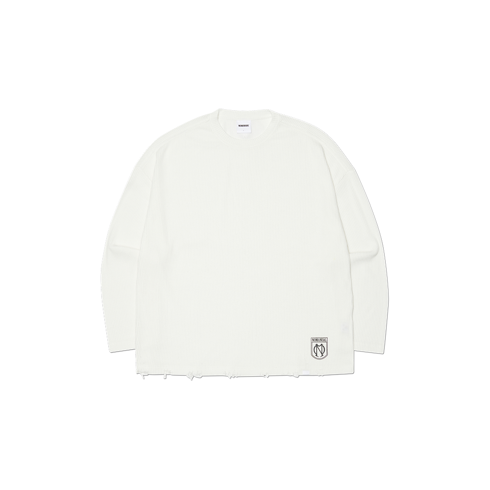 NMSS62KT01WHT NOMANUAL Emblem Damaged Knit Long Sleeve Tee White