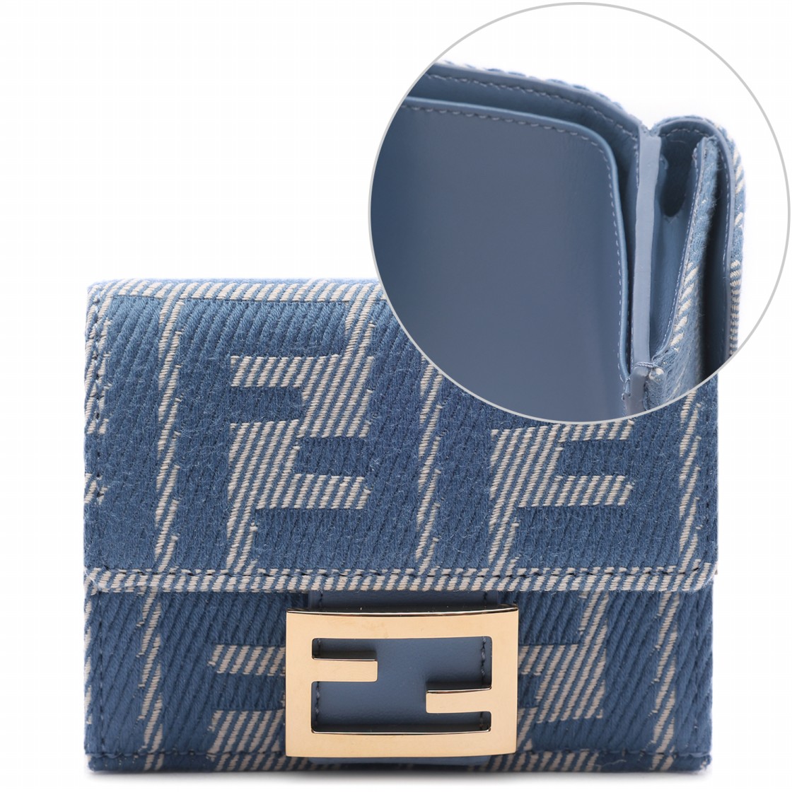 [25% 쿠폰] 펜디 바게트 마이크로 트라이폴드 FF 자카드 데님 월렛 블루([25% 쿠폰] Fendi Baguette Micro Trifold FF Jacquard Denim Wallet Blue) - 2