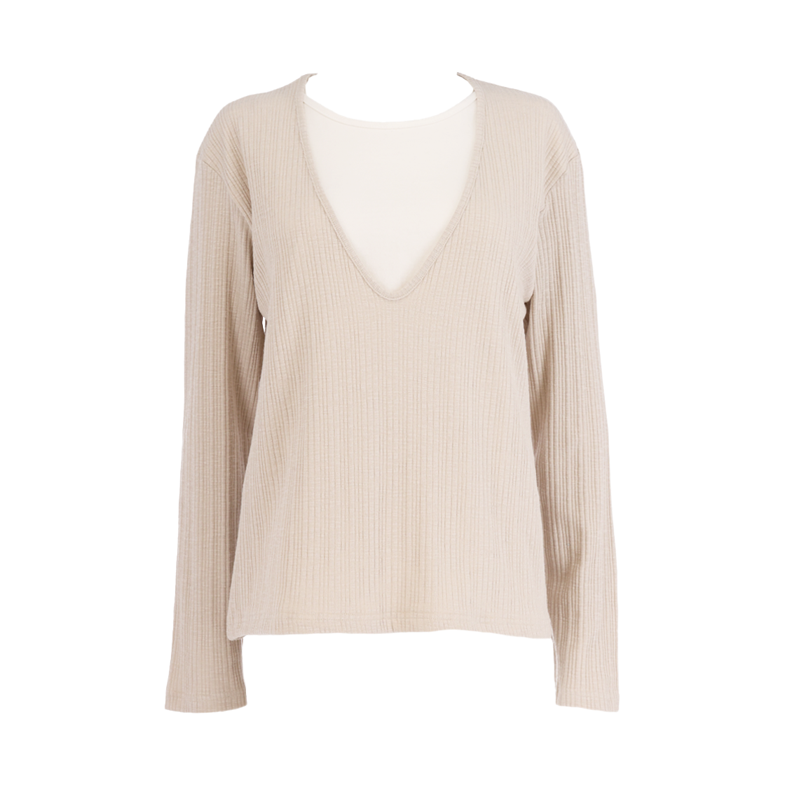 사유 딥 브이넥 레이어드 골지 티셔츠 뉴트럴 베이지(sayuu Deep V-neck Layered Ribbed T-shirt Neutral Beige)