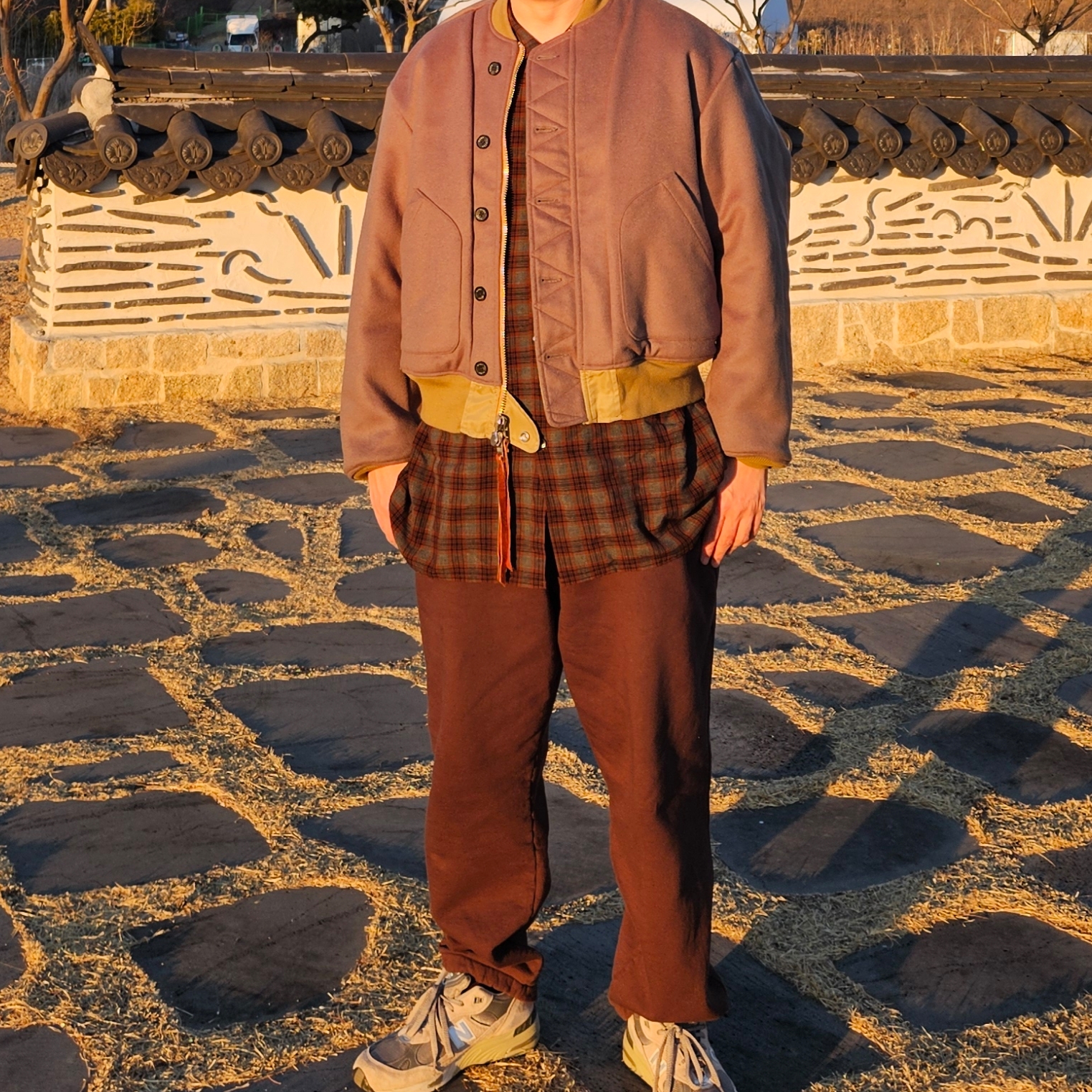 New Balance 991 Made in UK Grey, Comoli Rayon Open Collar Shirt Check - 24SS 착용 스타일 - 2