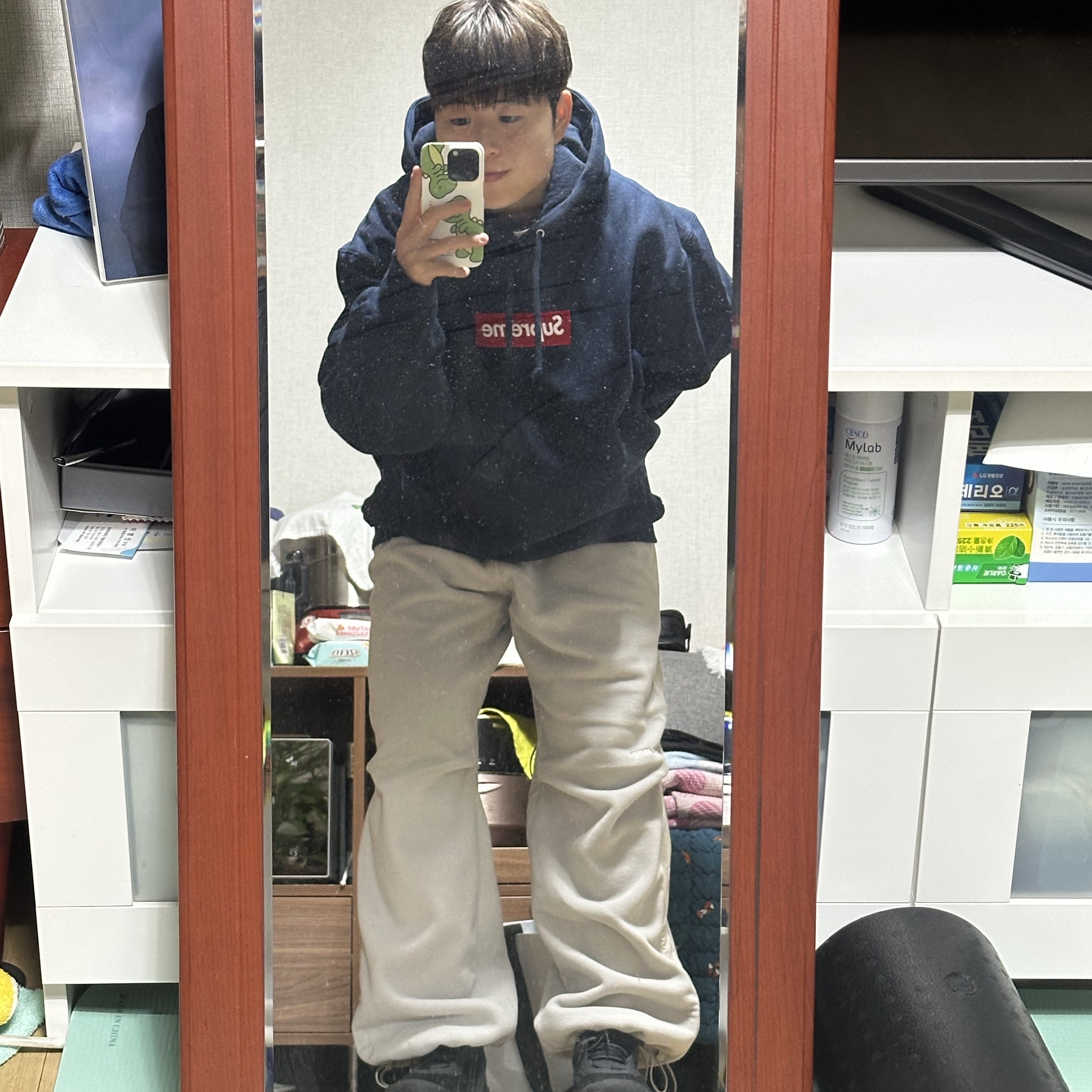 Supreme Box Logo Hooded Sweatshirt Navy - 24FW, The North Face Banff Fleece Pants Stone Gray 착용 스타일