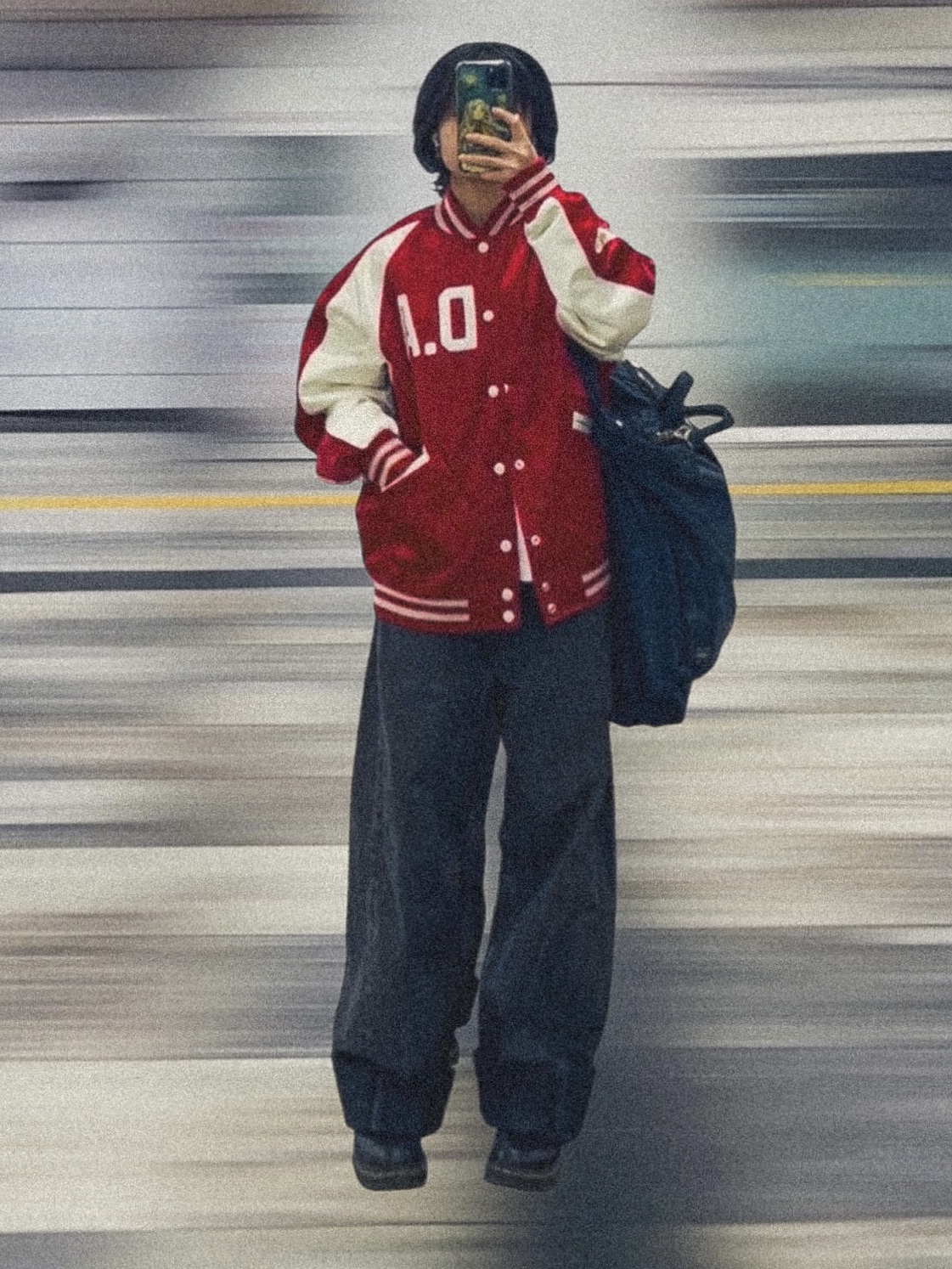 Human Made Satin Stadium Jacket Red, Dr. Martens 1460 Pascal Ambassador Black 착용 스타일 - 2