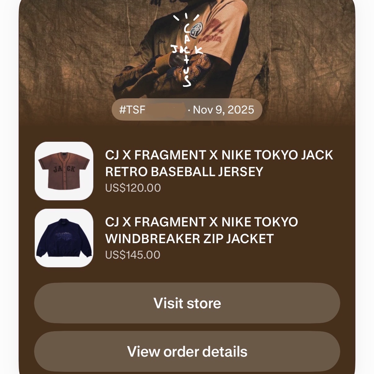 Travis Scott Cactus Jack x Fragment x Nike Tokyo Windbreaker Zip Jacket Navy, Travis Scott Cactus Jack x Fragment x Nike Tokyo Jack Retro Baseball Jersey Brown 착용 스타일