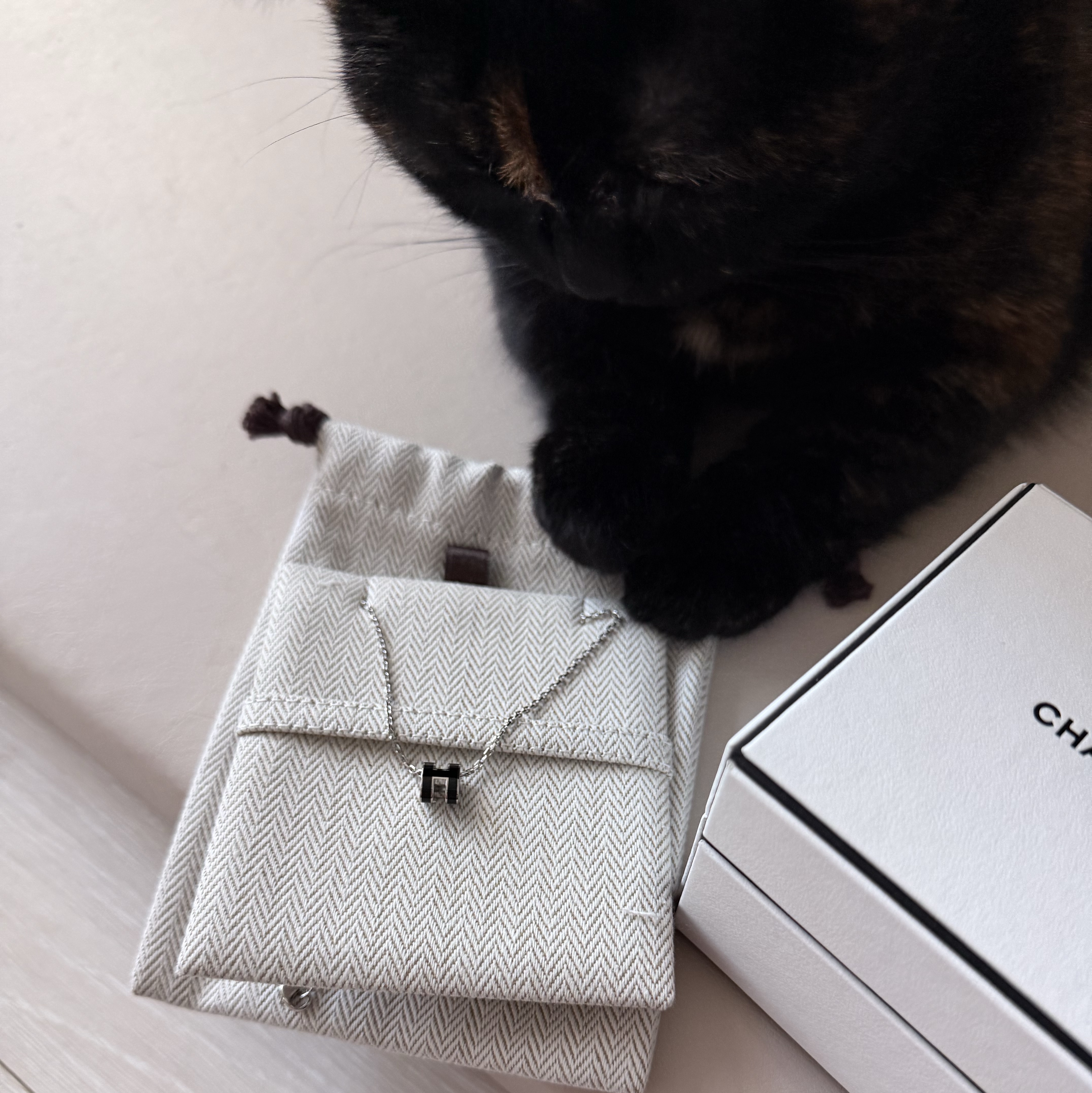 (W) Hermes Mini Pop H Pendant Palladium & Noir 착용 스타일 - 1