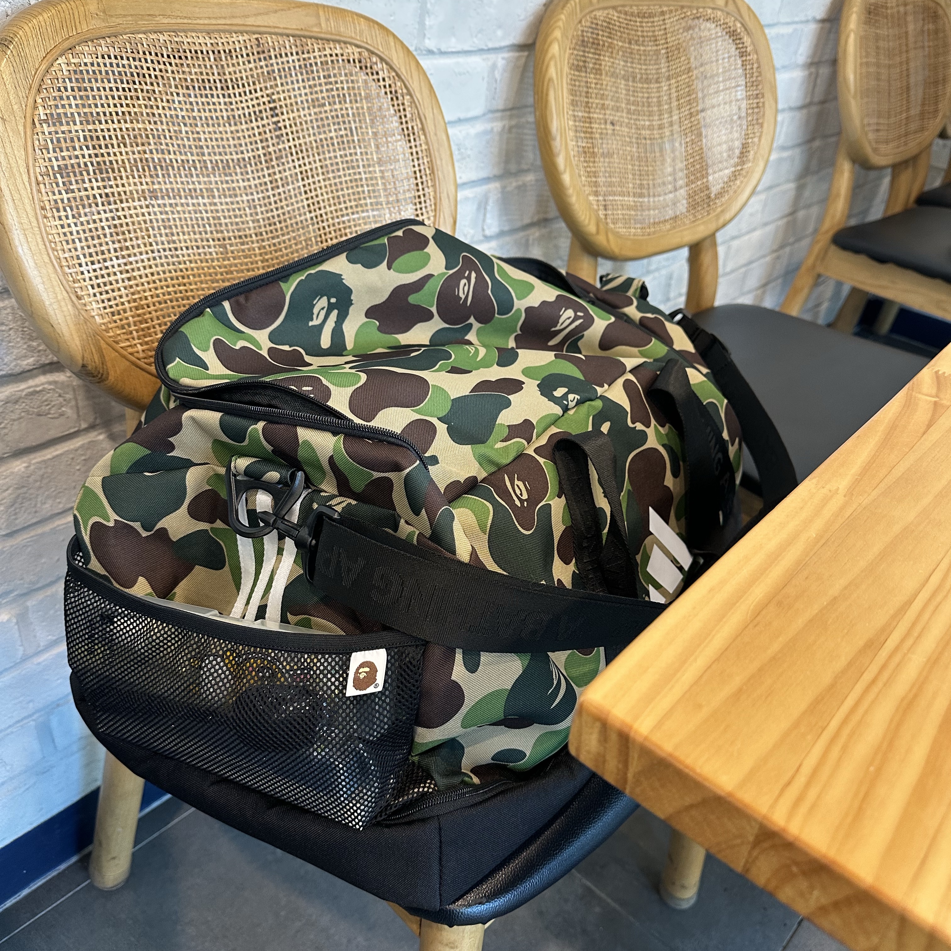 Adidas x BAPE Duffle Bag Crew Green 착용 스타일