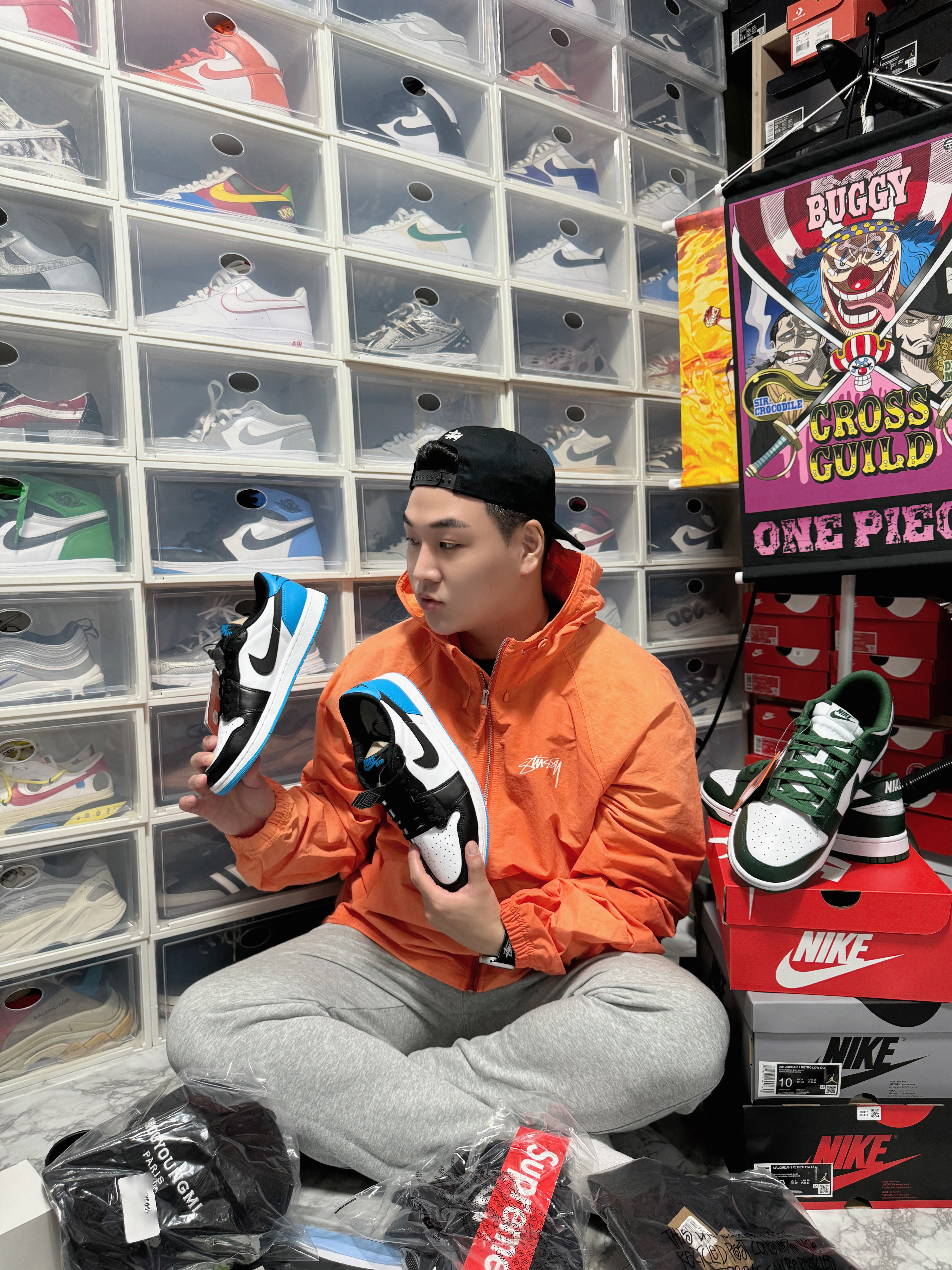 Stussy Beach Shell Wave Dye Cayenne, Nike Dunk Low Retro Varsity Green 착용 스타일 - 2