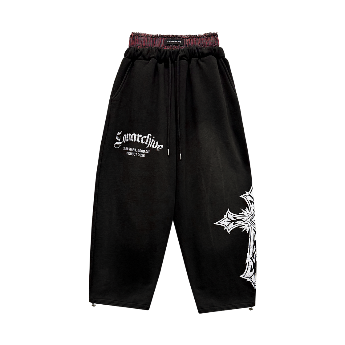 랜 아카이브 0123 새깅 밴드 와이드 스웨트 팬츠 - 블랙(LAN ARCHIVE 0123 Sagging Band Wide Sweat Pants - Black) - 1