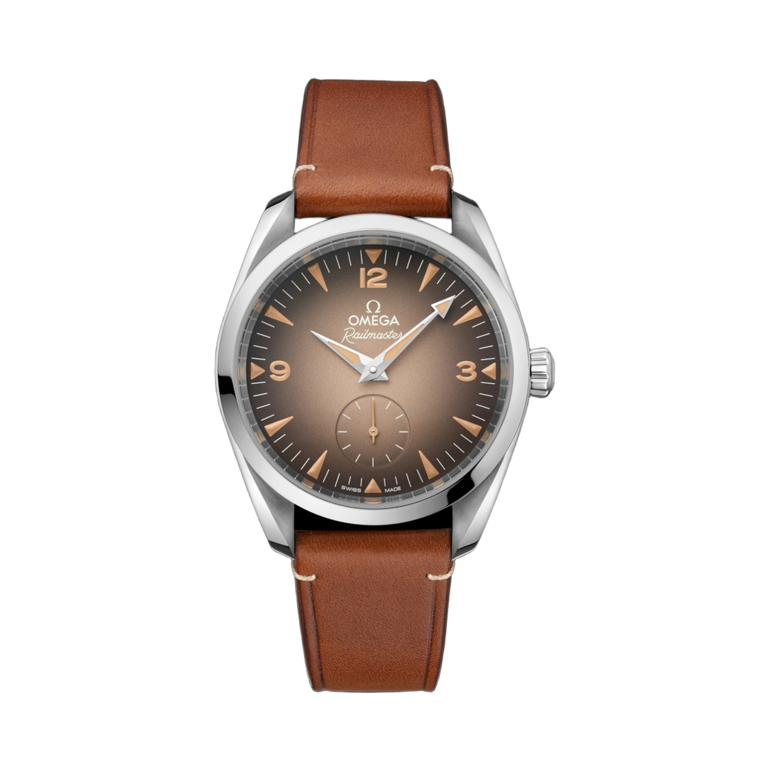 오메가 씨마스터 레일마스터 오토매틱 코 액시얼 마스터 크로노미터 38mm 스틸 레더 스트랩 브라운 (투명 케이스백 버전)(Omega Seamaster Railmaster Automatic Co Axial Master Chronometer 38mm Steel Leather Strap Brown (Transparent Caseback Ver.))