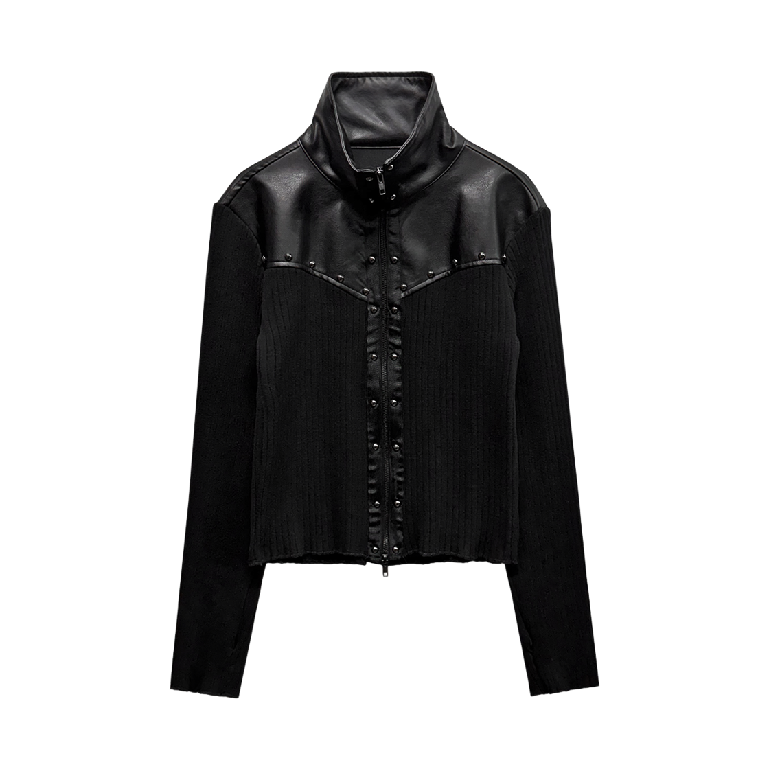 랜 아카이브 0121 레더 패널 스터드 집업 - 블랙(LAN ARCHIVE 0121 Leather Panel Stud Zip-up - Black)