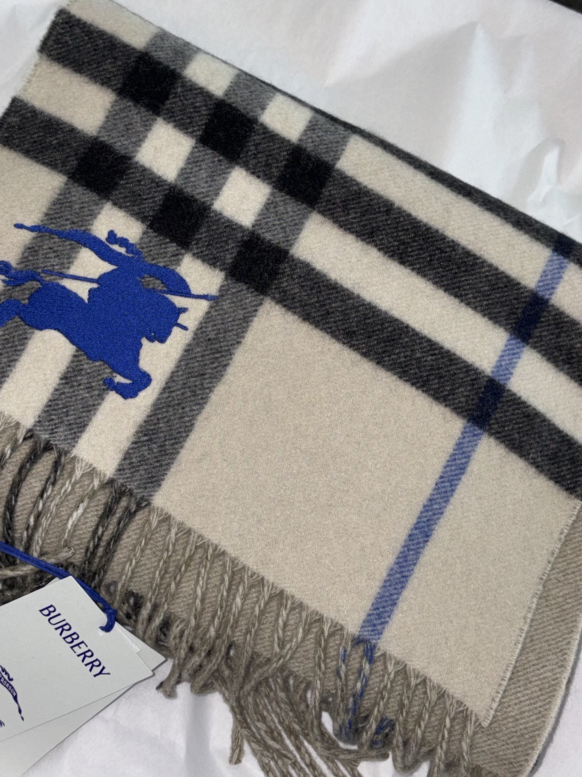 Burberry Check Cashmere Muffler Lichen 착용 스타일