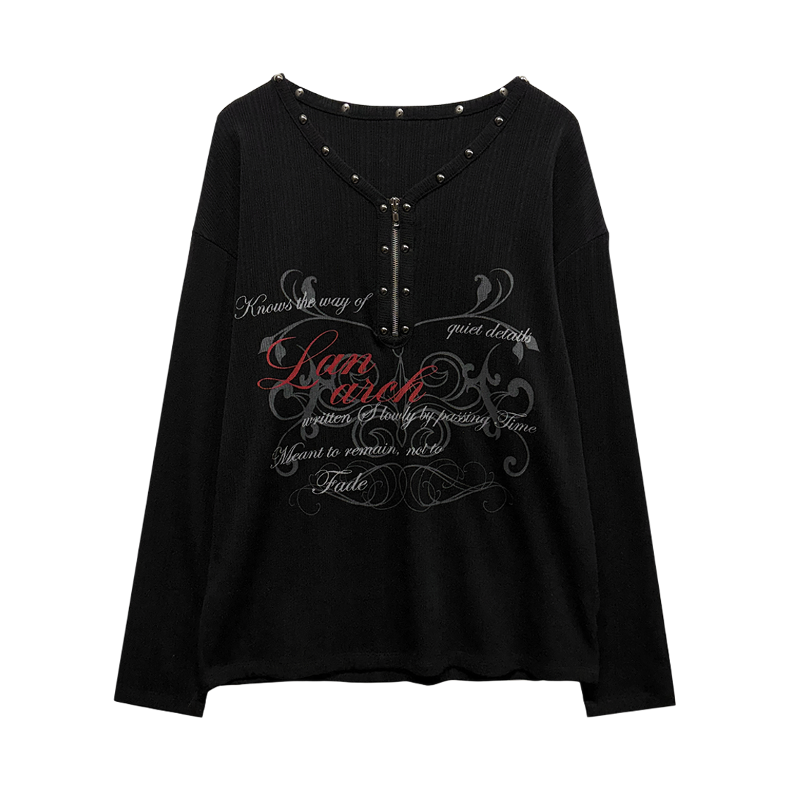 랜 아카이브 0108 리벳 헨리넥 지퍼 롱슬리브 - 블랙(LAN ARCHIVE 0108 Rivet Henleyneck Zipper Long Sleeve - Black)