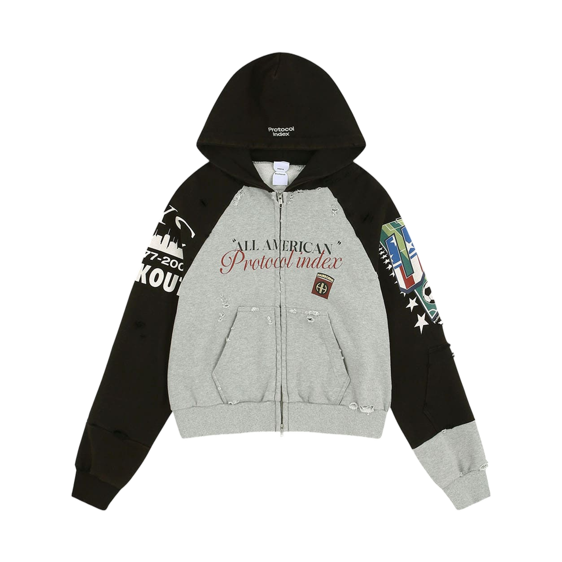 프로토콜 인덱스 리컨스트럭티드 타이트 핏 집 후드 멜란지 그레이(Protocol Index Reconstructed Tight Fit Zip Hoodie Melange Grey)