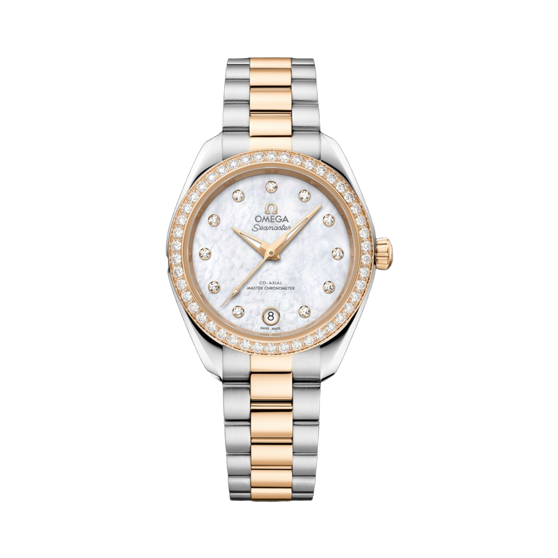 (W) 오메가 씨마스터 아쿠아 테라 150M 오토매틱 코 액시얼 마스터 크로노미터 30mm 스틸 문샤인 골드 화이트 다이아몬드 (투명 케이스백 버전)((W) Omega Seamaster Aqua Terra 150M Automatic Co Axial Master Chronometer 30mm Steel Moonshine Gold White Diamond (Transparent Caseback Ver.)) - 1