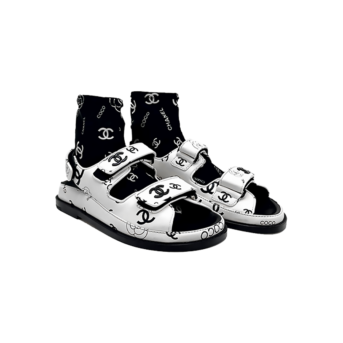 ITOJMUL447KF Chanel Printed Velcro Sandals in Lambskin White/Black Size 36
