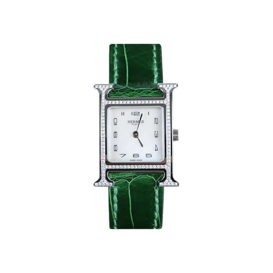 에르메스 H아워 베젤 다이아 베르트 엘리게이터 은장(Hermes H Hour Diamond Bezel Alligator Watch with Silver Dial)