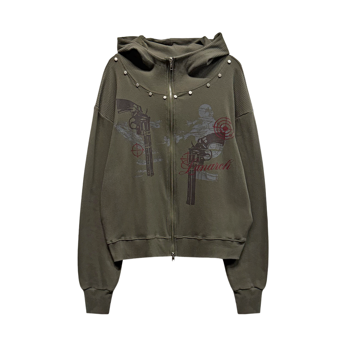 랜 아카이브 0117 하이넥 리벳 집업 후디 - 카키(LAN ARCHIVE 0117 High-neck Rivet Zip-up Hoodie - Khaki) - 1