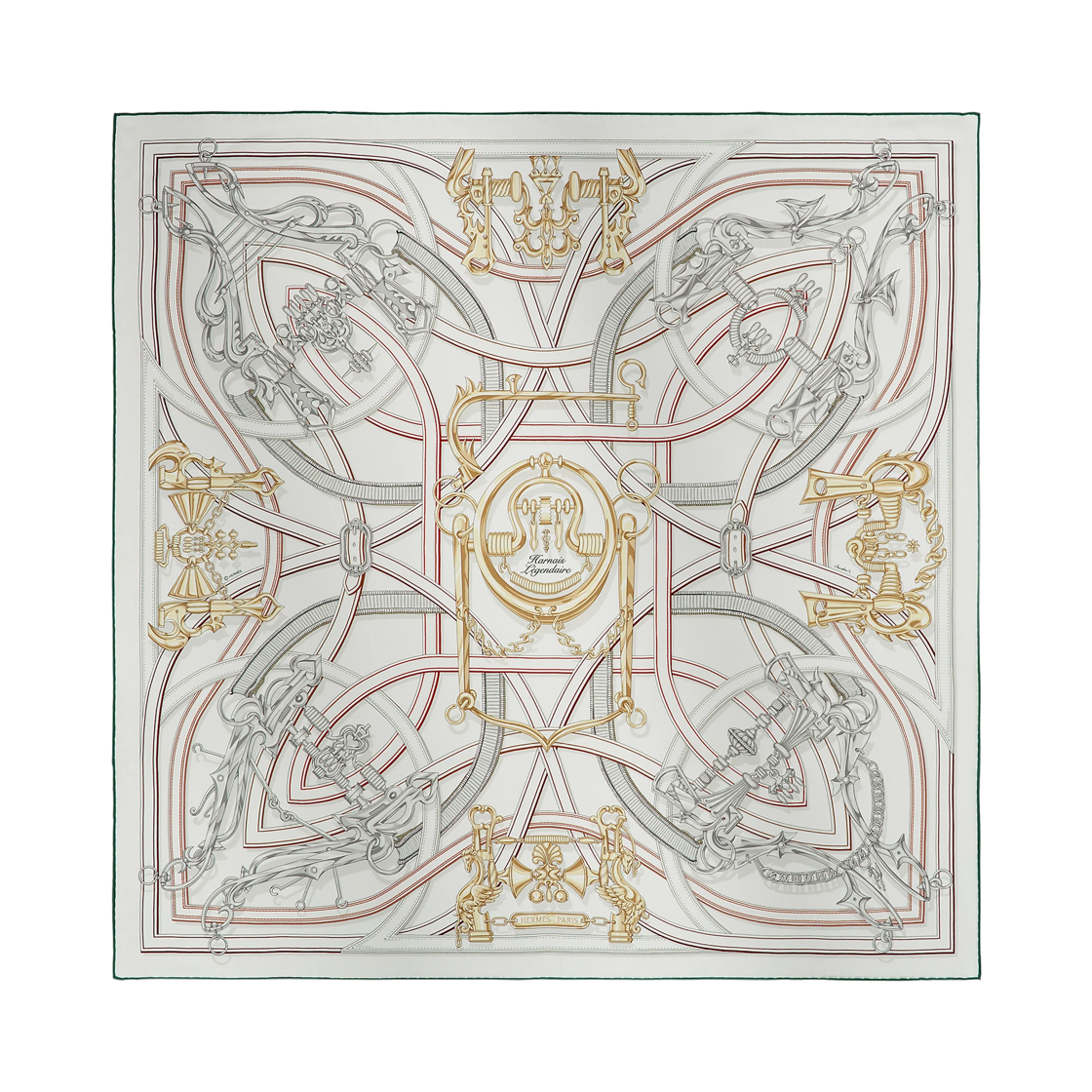 (W) 에르메스 아르네 레장데르 스카프 90 블랑 그리 뻬를르 루즈 아쉬((W) Hermes Harnais Legendaire Scarf 90 Blanc Gris Perle Rouge H)