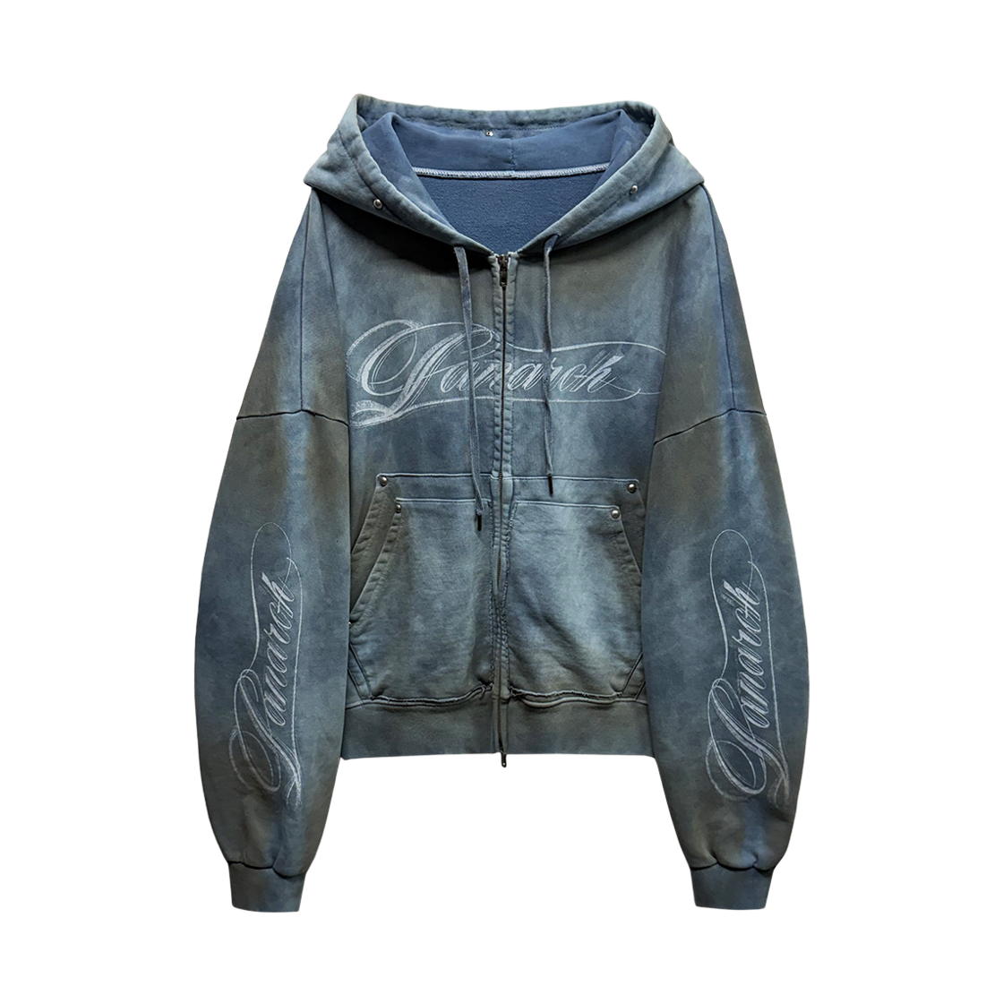 랜 아카이브 0112 빈티지 워시드 스터드 로고 집업 후디 - 더스티 틸(LAN ARCHIVE 0112 Vintage Washed Stud Logo Zip-up Hoodie - Dusty Teal)