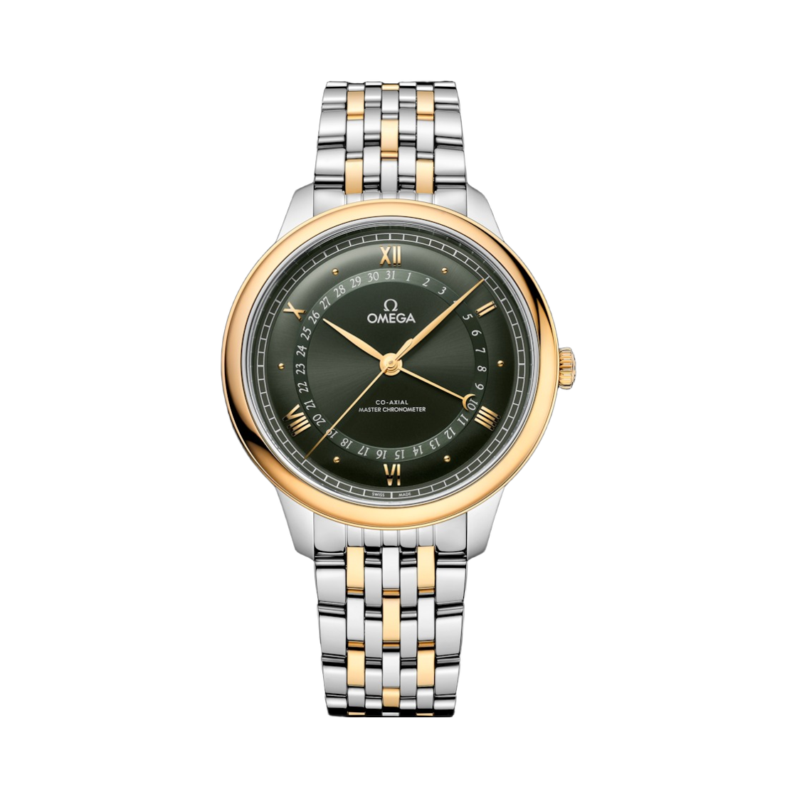 오메가 드 빌 프레스티지 오토매틱 코 액시얼 마스터 크로노미터 42mm 스틸 옐로우 골드 그린 (투명 케이스백 버전)(Omega De Ville Prestige Automatic Co Axial Master Chronometer 42mm Steel Yellow Gold Green (Transparent Caseback Ver.))