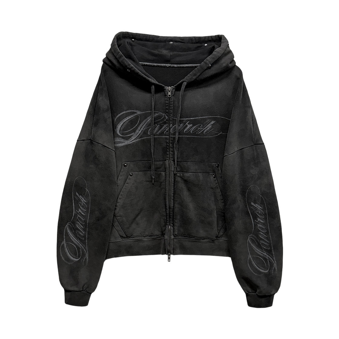 랜 아카이브 0112 빈티지 워시드 스터드 로고 집업 후디 - 차콜(LAN ARCHIVE 0112 Vintage Washed Stud Logo Zip-up Hoodie - Charcoal)