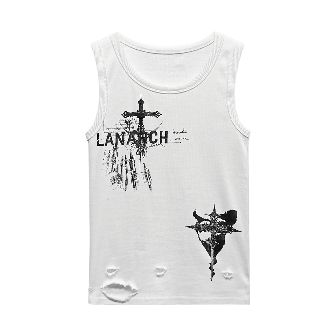랜 아카이브 0103 고딕 러프 컷 슬리브리스 - 화이트(LAN ARCHIVE 0103 Gothic Rough-Cut Sleeveless - White)