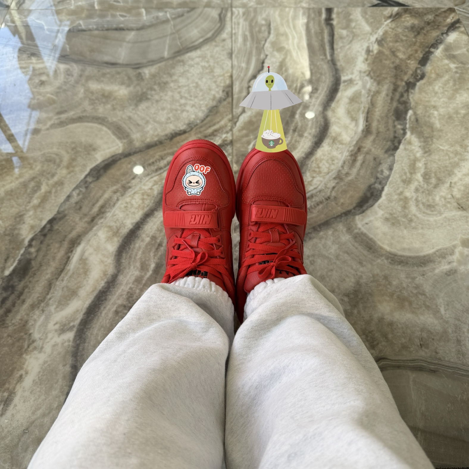 Nike x Billie Eilish Air Alpha Force 88 Fire Red, Supreme x Jordan Sweatpants Ash Grey - 24FW 착용 스타일 - 1