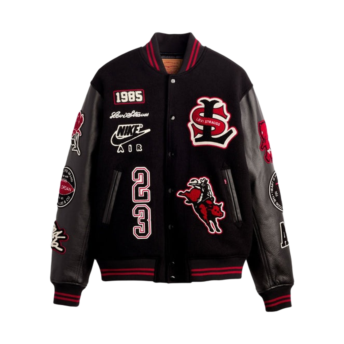 조던 x 리바이스 바시티 자켓 블랙 짐 레드 (IM6739-010)(Jordan x Levi's Varsity Jacket Black Gym Red (IM6739-010))