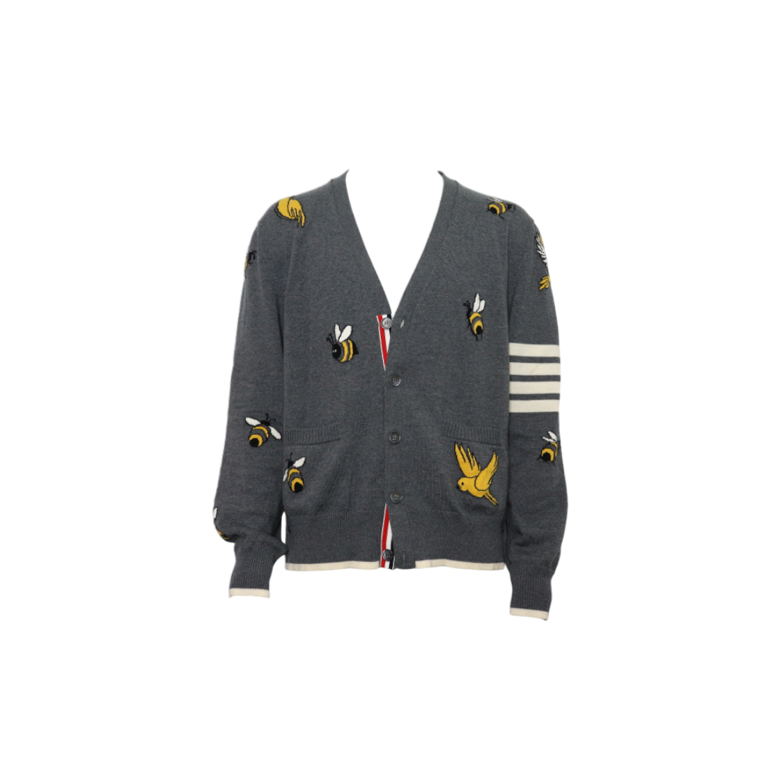 ITFMFBTWCRLU Thom Browne MKC451A Bird & Bee Grey Merino Wool Cardigan