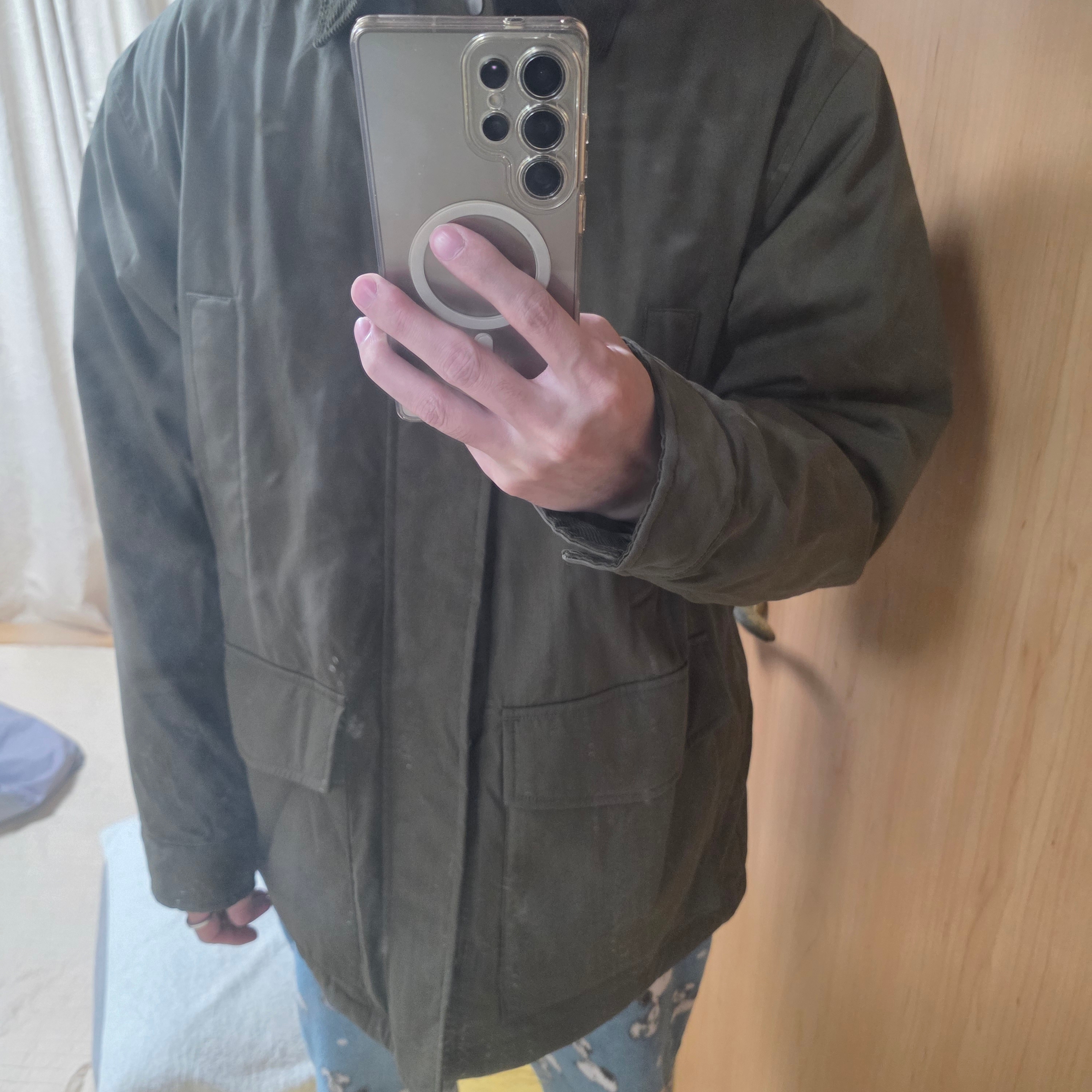 Uniqlo x JW Anderson Pufftech Utility Jacket Navy - JP, Uniqlo x JW Anderson Pufftech Utility Jacket Olive - JP 착용 스타일 - 3