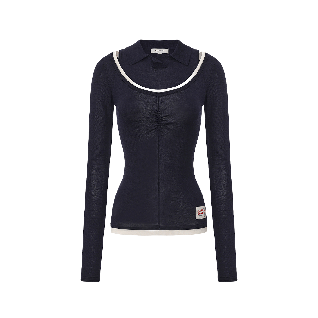 마크공 우먼 네이비 블루 투인원 니트 레이어드 탑 네이비 블루 - 26SS(Markgong Women Navy Blue 2 In 1 Knit Layered Top Navy Blue - 26SS)