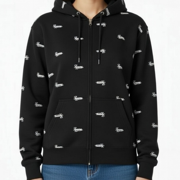 Supreme Repeat Script Zip Up Hooded Sweatshirt Black - 25FW, Supreme Repeat Script Zip Up Hooded Sweatshirt Red - 25FW 착용 스타일 - 4