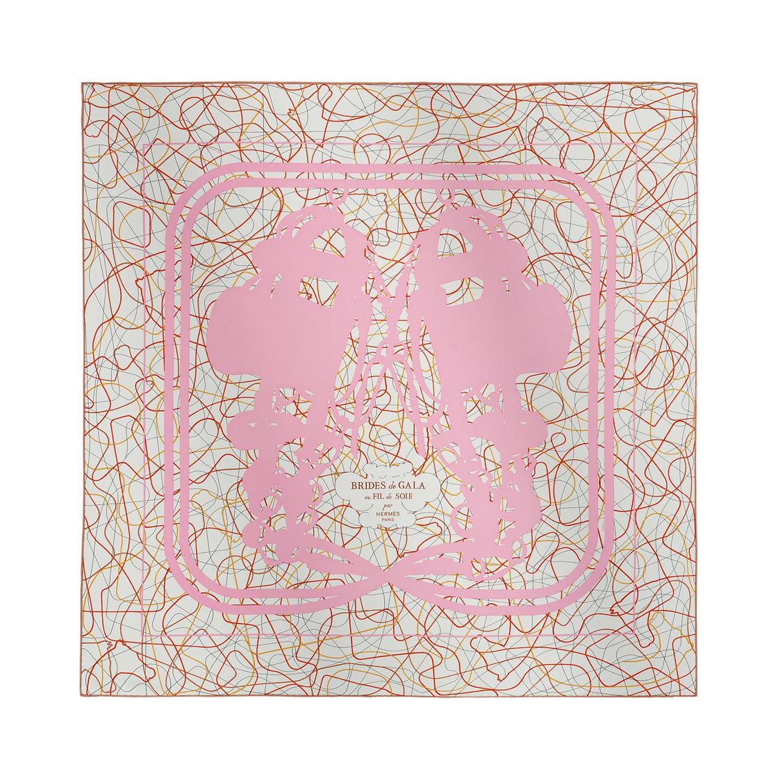 H004310S10 (W) Hermes Brides De Gala Au Fil De Soie Scarf 90 Silk Twill & Blanc Rose Caramel